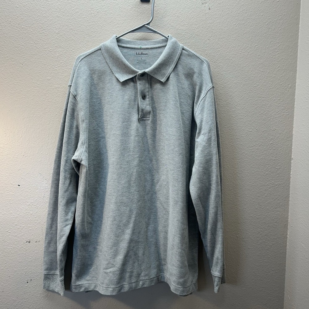 LL Bean Polo Shirt Men Large Gray Long Sleeves Traditional‎ Fit 100% Cotton Prep